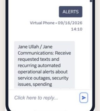 Twilio Virtual Phone conversation showing ALERTS sent at 2:10 PM and the Jane Communications disclosure beginning in reply.